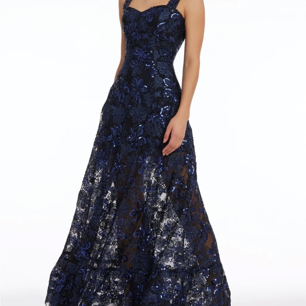 Dress the Population- Elegant Navy Blue Lace Evening Gown